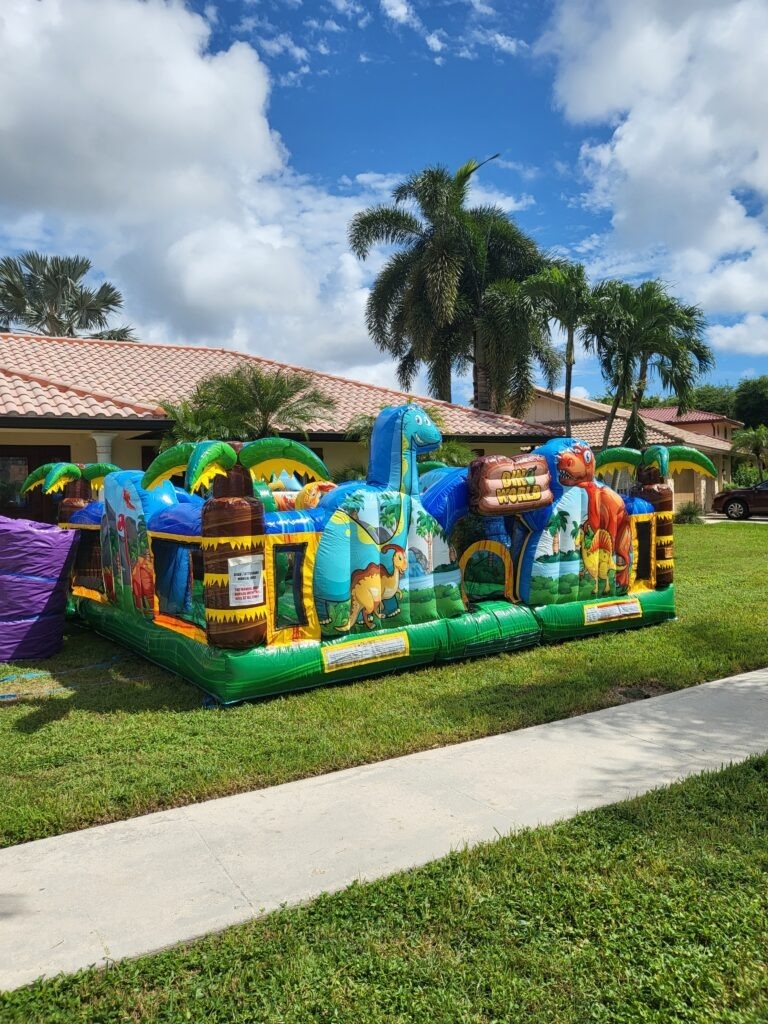 a inflatable bounce house in front of a house